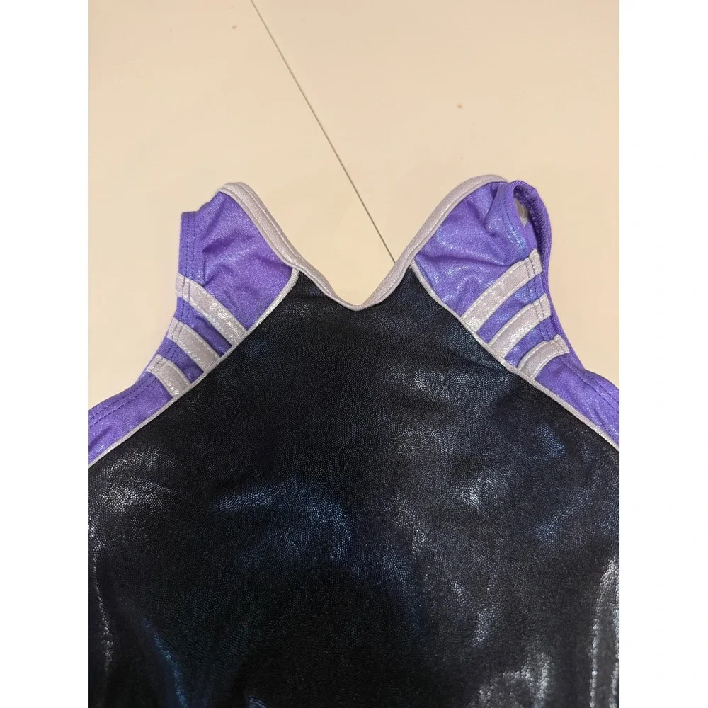 Adidas GK Elite Gymnastics Leotard Kids Black Purple Metallic Shimmer Strappy